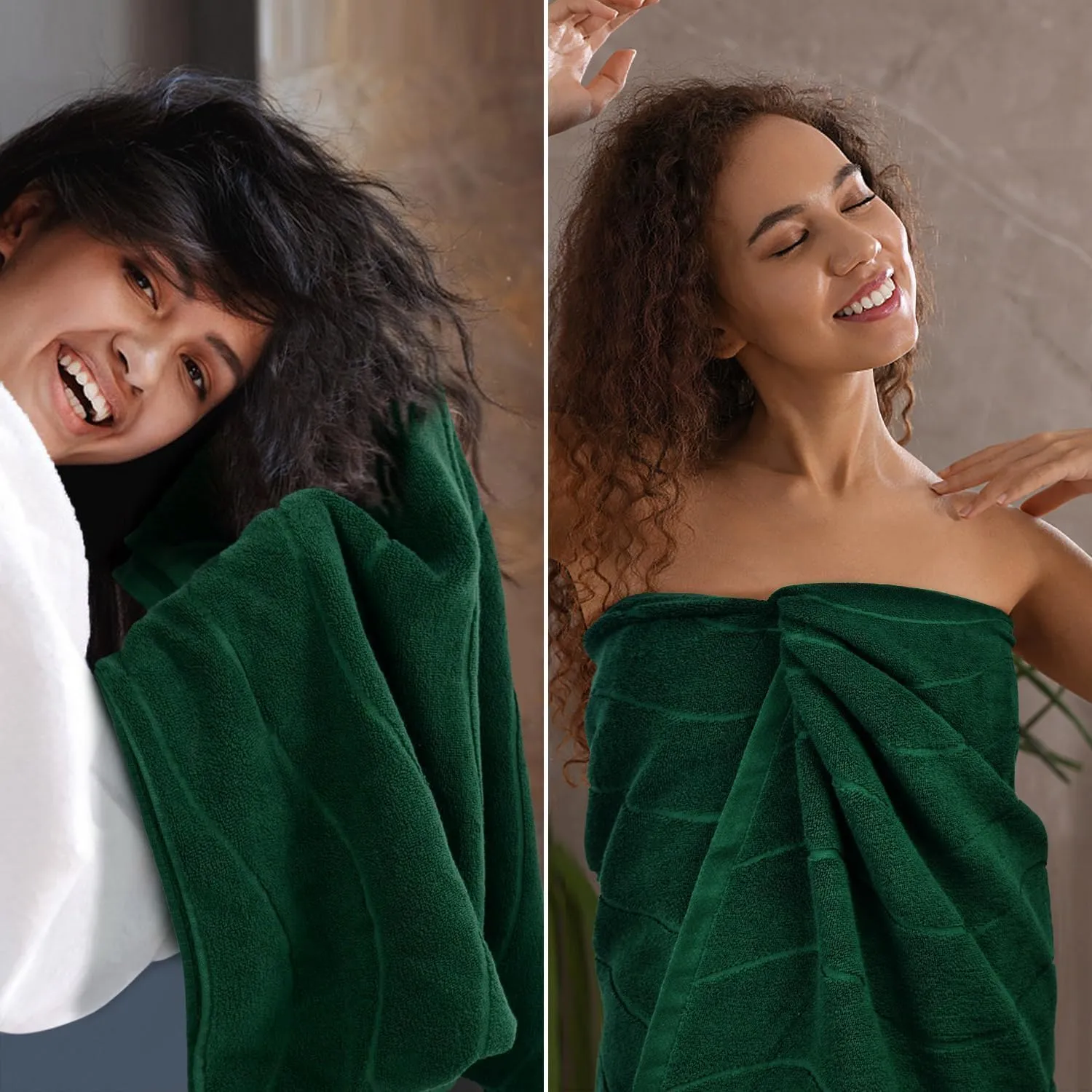 100% Cotton Bath Towels Set of 2 in Forest Green (Wavy Striped Jacquard) 27.5” x 55”, Quick Dry Towel for Bathroom Pool Gym Swim Beach