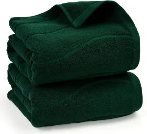 100% Cotton Bath Towels Set of 2 in Forest Green (Wavy Striped Jacquard) 27.5” x 55”, Quick Dry Towel for Bathroom Pool Gym Swim Beach
