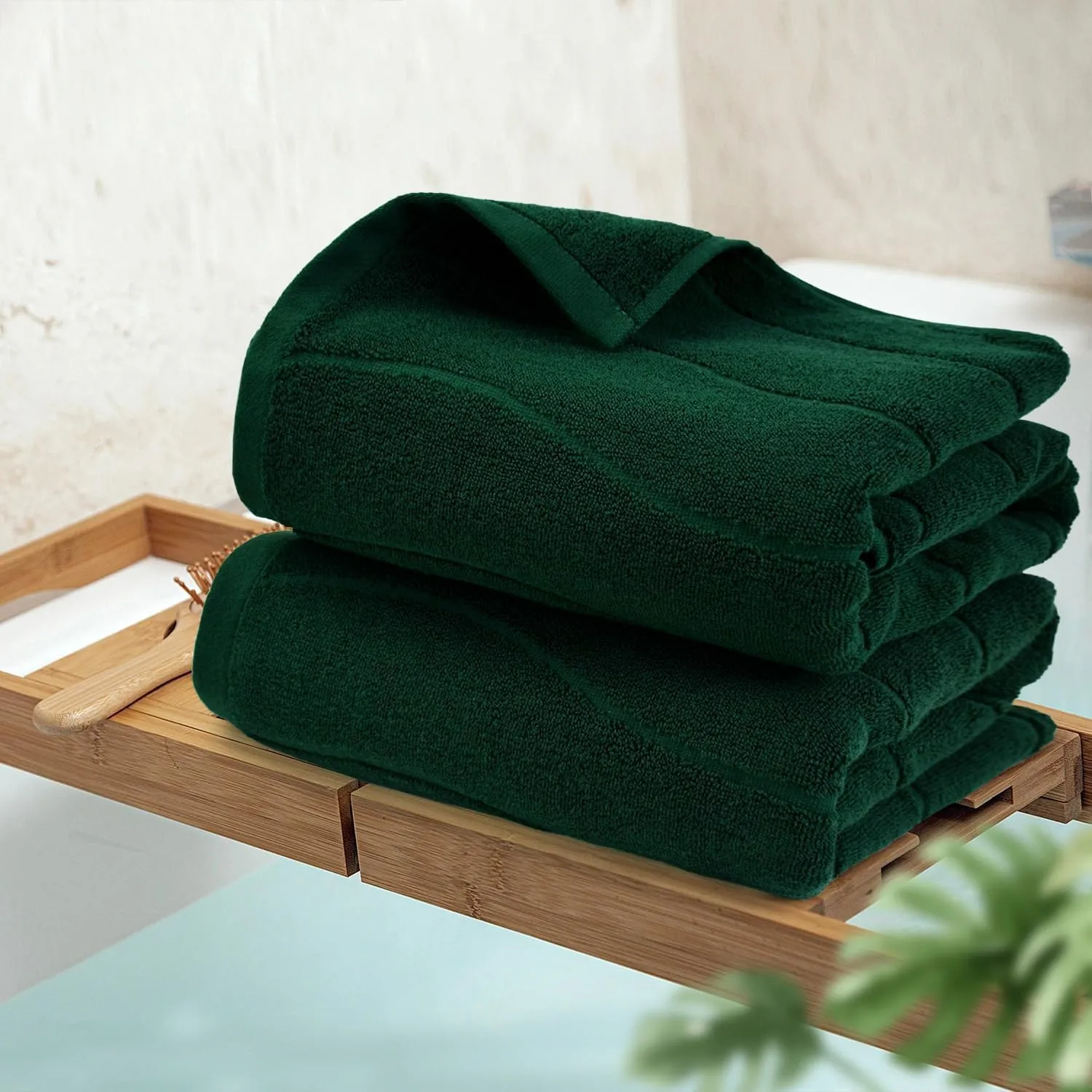 100% Cotton Bath Towels Set of 2 in Forest Green (Wavy Striped Jacquard) 27.5” x 55”, Quick Dry Towel for Bathroom Pool Gym Swim Beach