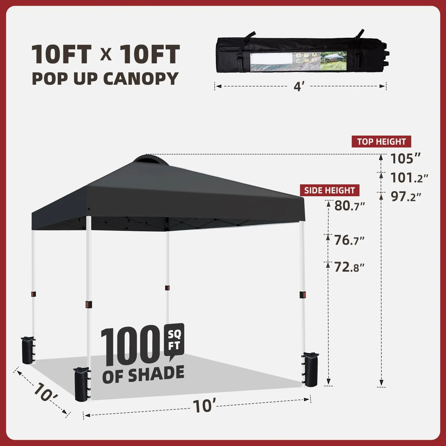 10x10 Heavy Duty Pop up Commercial Canopy Tent Instant Sun Shelter with Roller Bag, Bonus 8 Stakes and 4 Ropes, Black