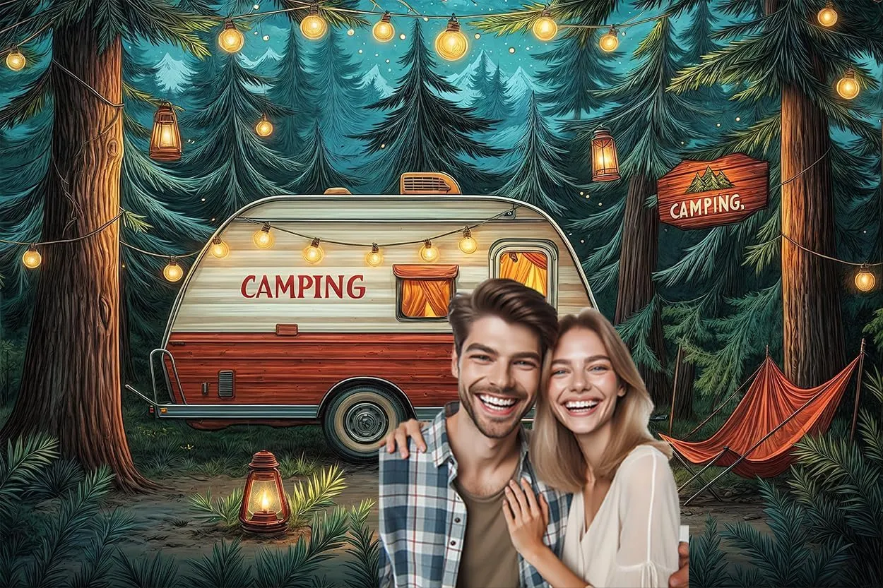 10x8 ft Camping Backdrop Forest Night Campfire Tent Car BBQ Party Child Birthday Party Decoration Happy Camper Fishing Camping Outdoor Adventure Background Camper Birthday Party Banner