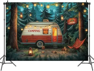 10x8 ft Camping Backdrop Forest Night Campfire Tent Car BBQ Party Child Birthday Party Decoration Happy Camper Fishing Camping Outdoor Adventure Background Camper Birthday Party Banner