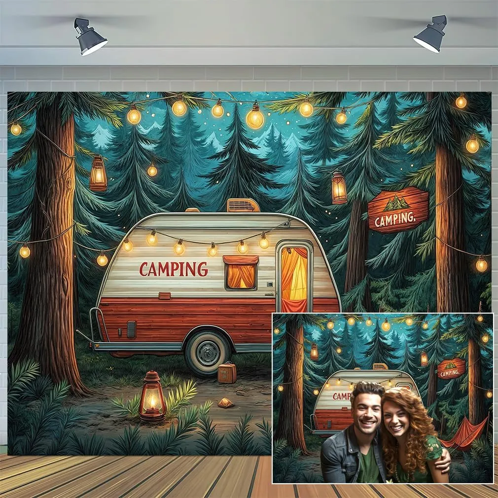 10x8 ft Camping Backdrop Forest Night Campfire Tent Car BBQ Party Child Birthday Party Decoration Happy Camper Fishing Camping Outdoor Adventure Background Camper Birthday Party Banner