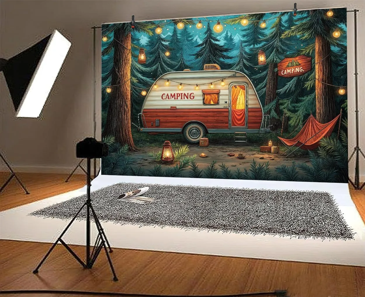 10x8 ft Camping Backdrop Forest Night Campfire Tent Car BBQ Party Child Birthday Party Decoration Happy Camper Fishing Camping Outdoor Adventure Background Camper Birthday Party Banner