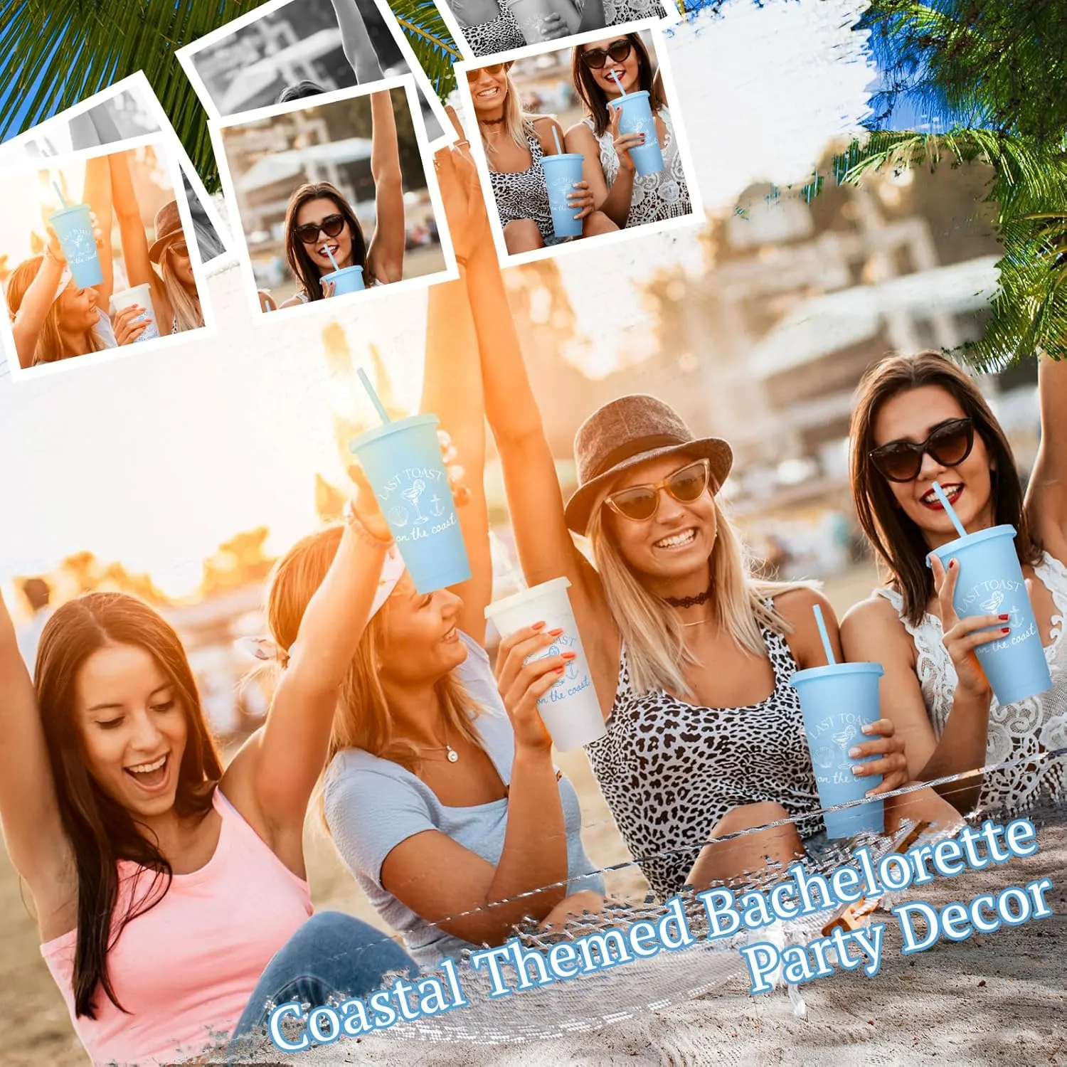 16 Pcs Last Toast on the Coasts Bachelorette Party Plastic Cups 24 oz Party Tumbler with Lids and Straws Camp Bachelorette Cups for Bride Bridesmaid Gifts (Classic)