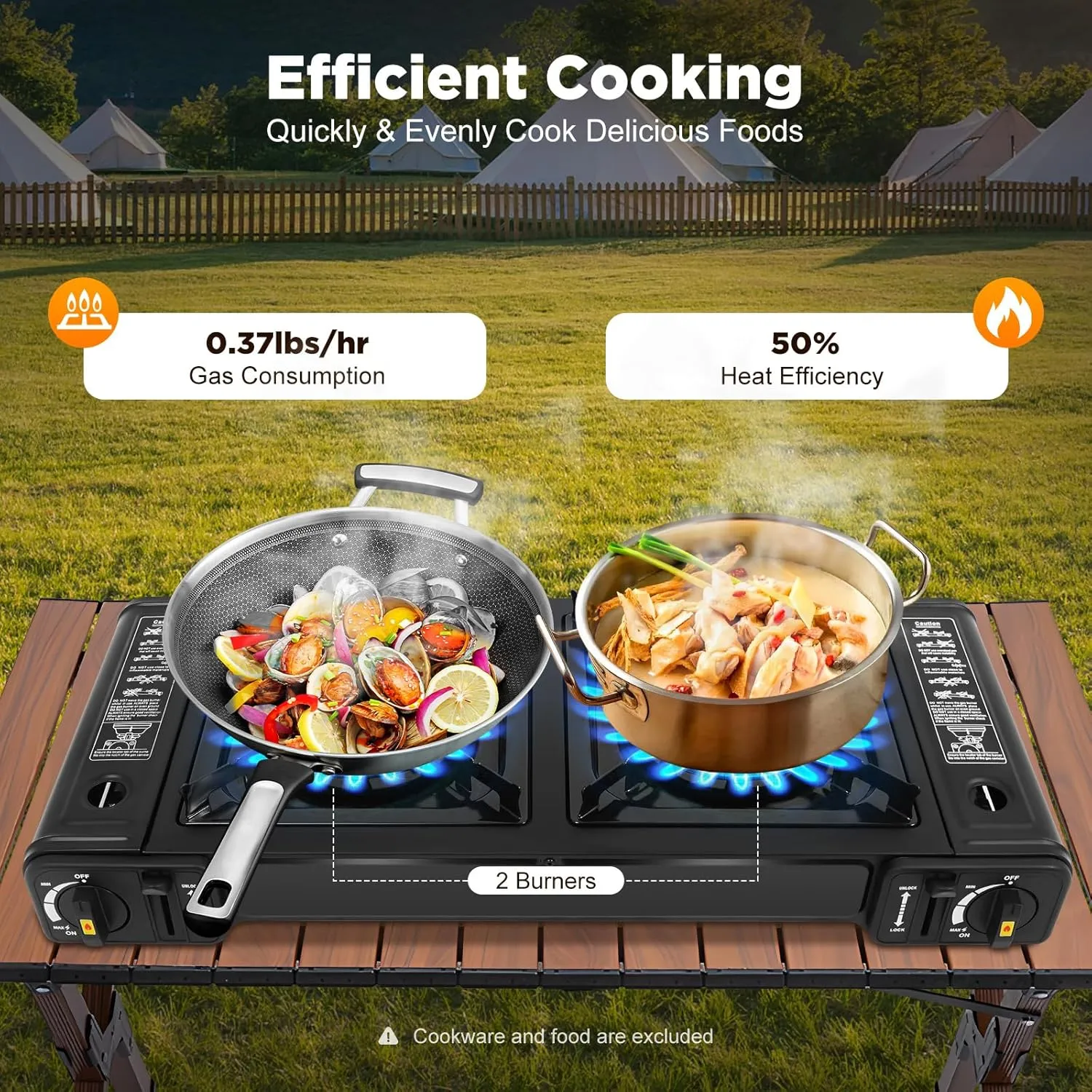 2-Burner Portable Camping Stove, Butane Camping Stove, Outdoor Travel Camp Stove for Camping, BBQ, Home (without Grill Tray)