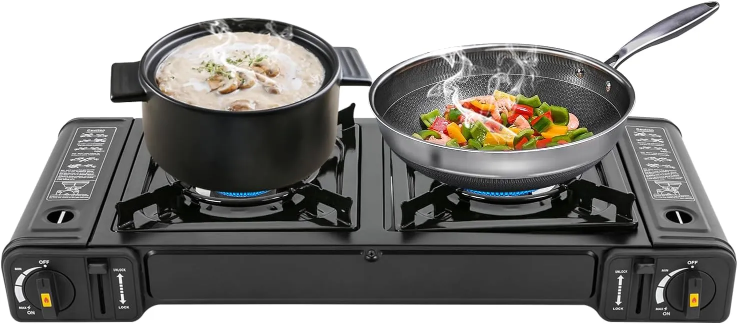 2-Burner Portable Camping Stove, Butane Camping Stove, Outdoor Travel Camp Stove for Camping, BBQ, Home (without Grill Tray)