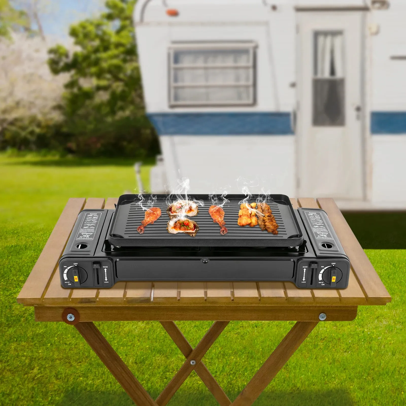 2-Burner Portable Camping Stove with Grill - Piezo Ignition Butane Stove for Outdoor Cooking