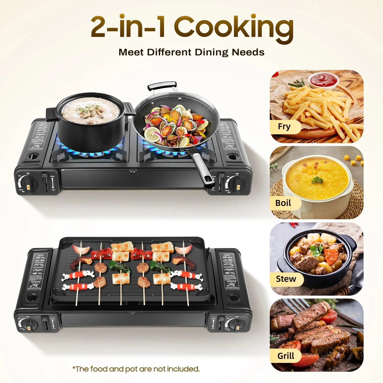 2-Burner Portable Camping Stove with Grill - Piezo Ignition Butane Stove for Outdoor Cooking