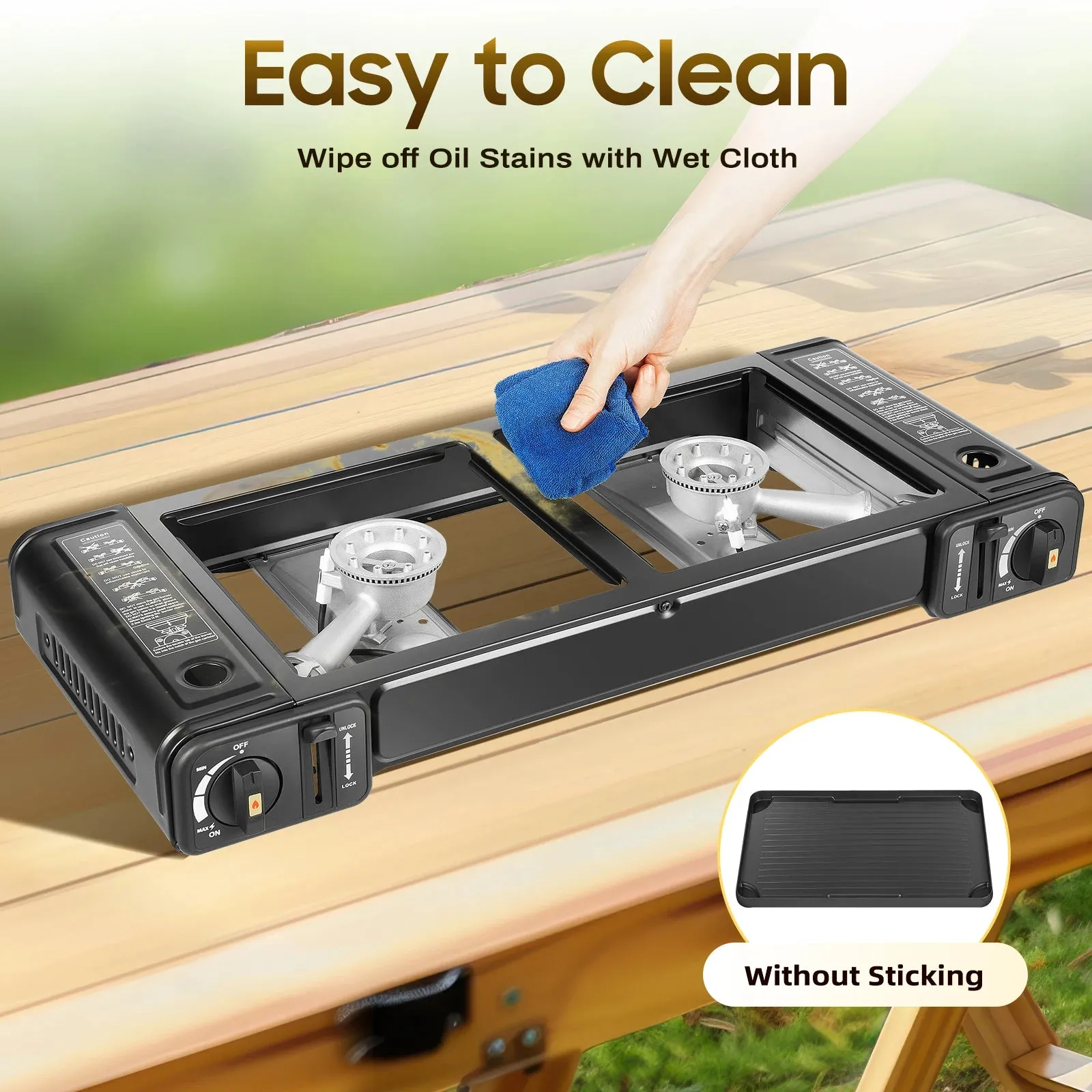2-Burner Portable Camping Stove with Grill - Piezo Ignition Butane Stove for Outdoor Cooking