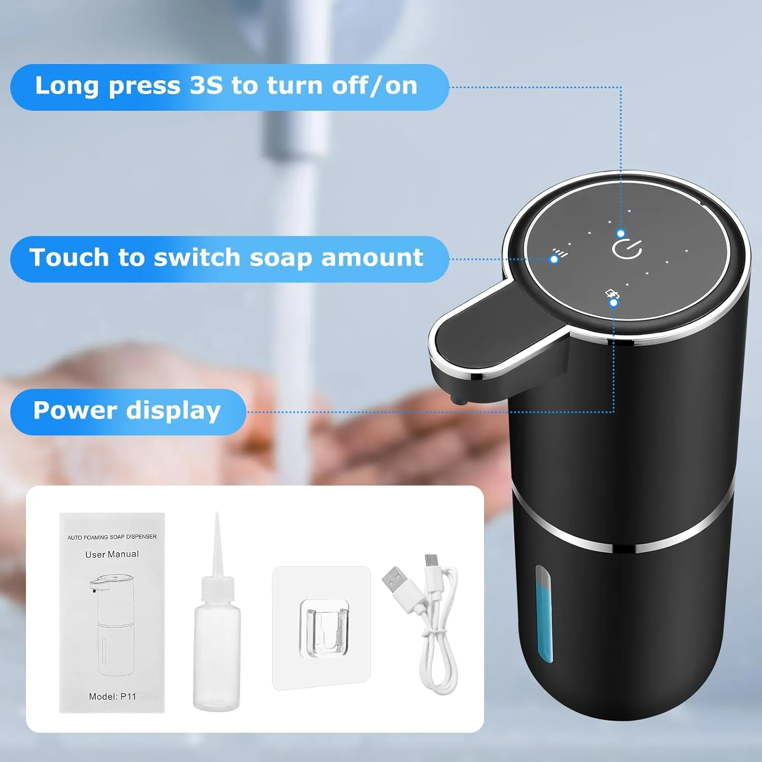 2 Pack Automatic Soap Dispensers,13.4oz/380ml USB Touchless Automatic Foaming Soap Dispenser,Rechargeabled Wall Mounted Smart Soap Dispenser for Bathroom Kitchen Dish Soap(Black)