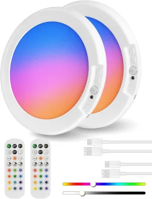 2 Pack Rechargeable Motion Sensor Ceiling Light with Remote, RGBW LED Wireless Ceiling Light Fixture, DIY Colors, Color Changing, Dimmable, Battery Operated, Magnetic for Shower Closet Hallway Porch
