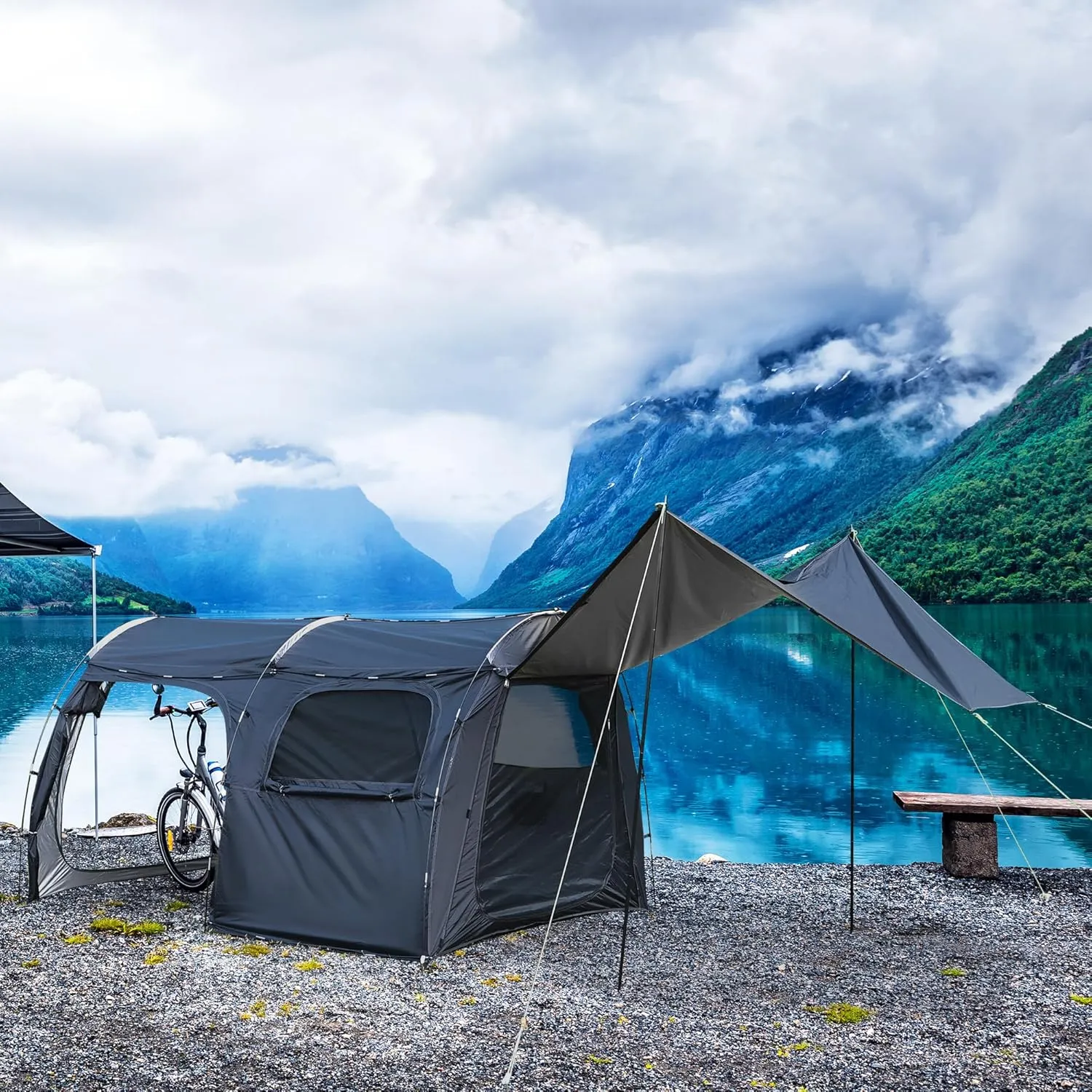 2-Room Camping Tent, Bicycle Camping Tent, Bicycle Storage Tent, 2-Room Family Tent, 1 Storage and Recreation Room, Curtains and Netting for Room divisions, Family Tent for Outdoor Bike Tours