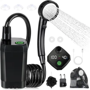 2025 Portable Camping Shower, Rechargeable Handheld Shower Pump with Hose, Outdoor Electric Shower Head with Temperature Display, 4 Spray Modes, IPX7 Waterproof, for Hiking Traveling Beach