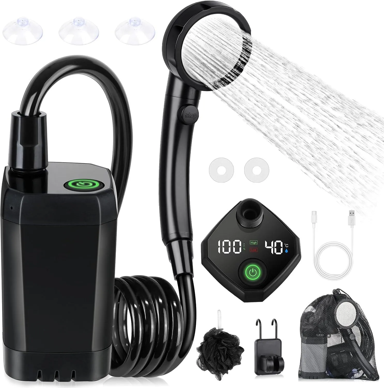 2025 Portable Camping Shower, Rechargeable Handheld Shower Pump with Hose, Outdoor Electric Shower Head with Temperature Display, 4 Spray Modes, IPX7 Waterproof, for Hiking Traveling Beach