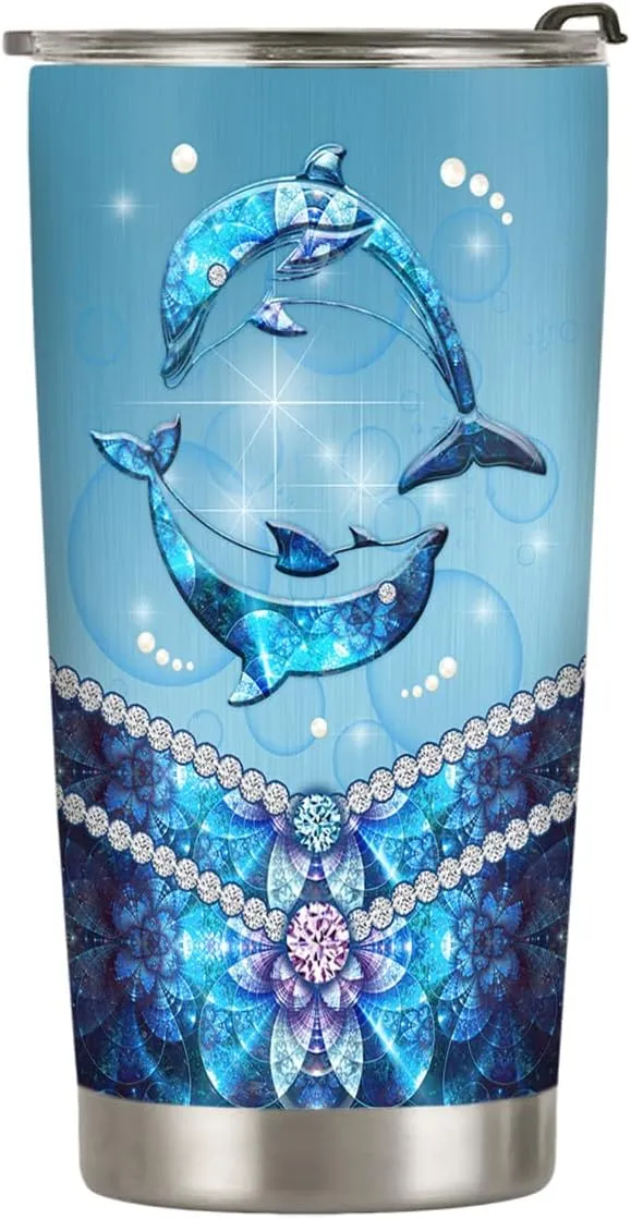 20oz Blue Jewelry Dolphin Tumbler, Gifts for Dolphin Lovers, Sea Ocean Gifts, Coffee Thermos for Women, Stainless Steel Double Wall Vacuum Insulated Coffee Mug, Travel Cup with Lid