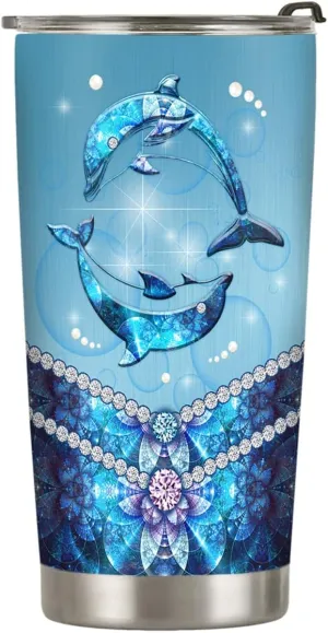 20oz Blue Jewelry Dolphin Tumbler, Gifts for Dolphin Lovers, Sea Ocean Gifts, Coffee Thermos for Women, Stainless Steel Double Wall Vacuum Insulated Coffee Mug, Travel Cup with Lid