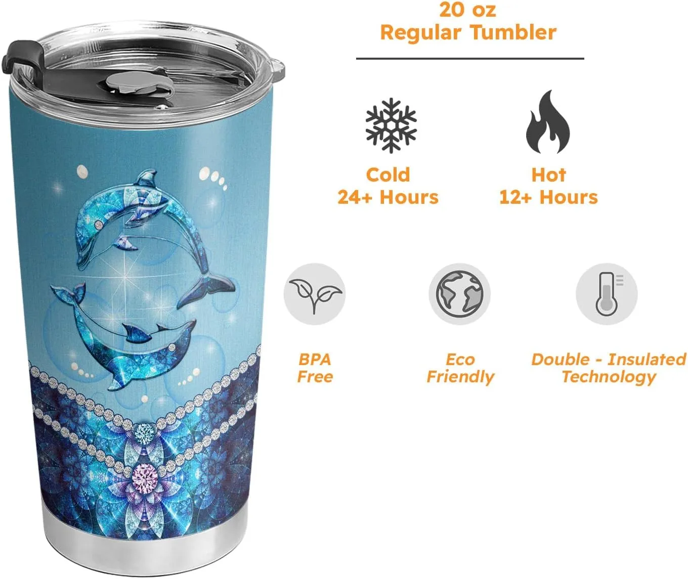 20oz Blue Jewelry Dolphin Tumbler, Gifts for Dolphin Lovers, Sea Ocean Gifts, Coffee Thermos for Women, Stainless Steel Double Wall Vacuum Insulated Coffee Mug, Travel Cup with Lid