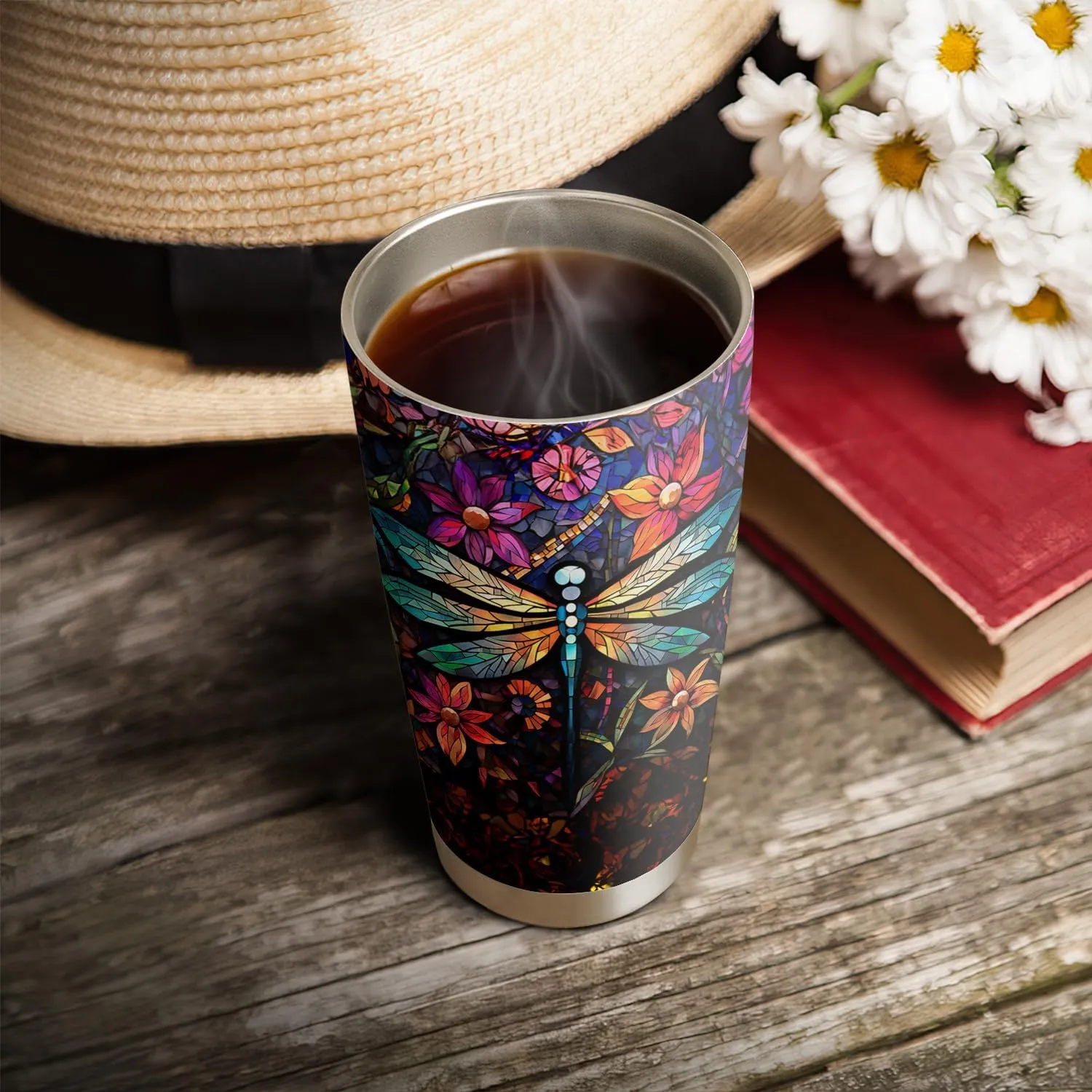 20oz Colorful Stained Glass Mosaic Crystal Dragonfly Tumbler, Gifts for Dragonfly Lovers, Coffee Thermos for Women, Stainless Steel Double Wall Vacuum Insulated Coffee Mug, Travel Cup with Lid - O