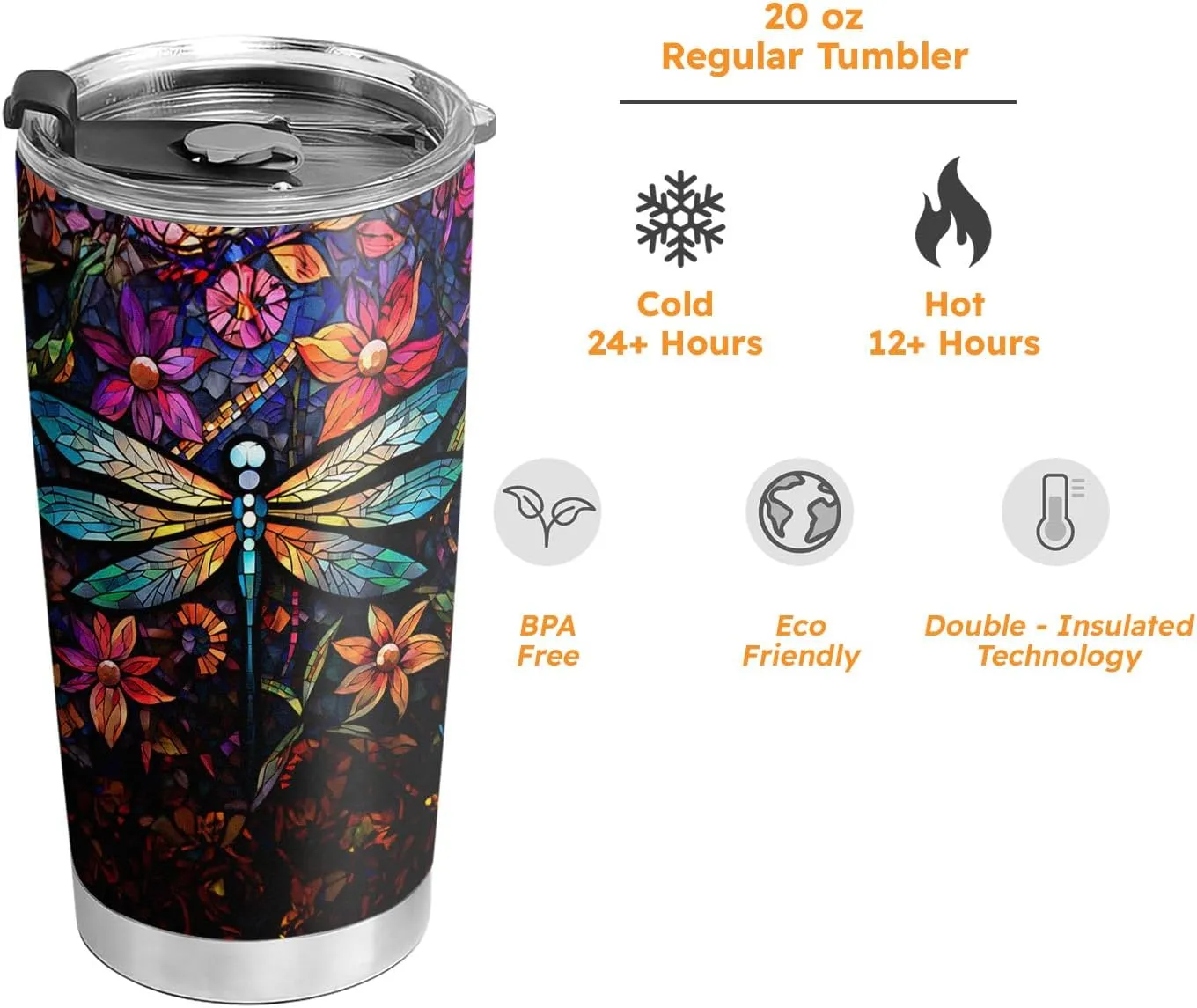 20oz Colorful Stained Glass Mosaic Crystal Dragonfly Tumbler, Gifts for Dragonfly Lovers, Coffee Thermos for Women, Stainless Steel Double Wall Vacuum Insulated Coffee Mug, Travel Cup with Lid - O