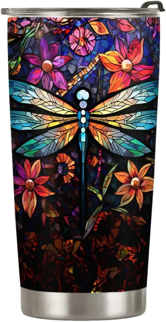 20oz Colorful Stained Glass Mosaic Crystal Dragonfly Tumbler, Gifts for Dragonfly Lovers, Coffee Thermos for Women, Stainless Steel Double Wall Vacuum Insulated Coffee Mug, Travel Cup with Lid - O