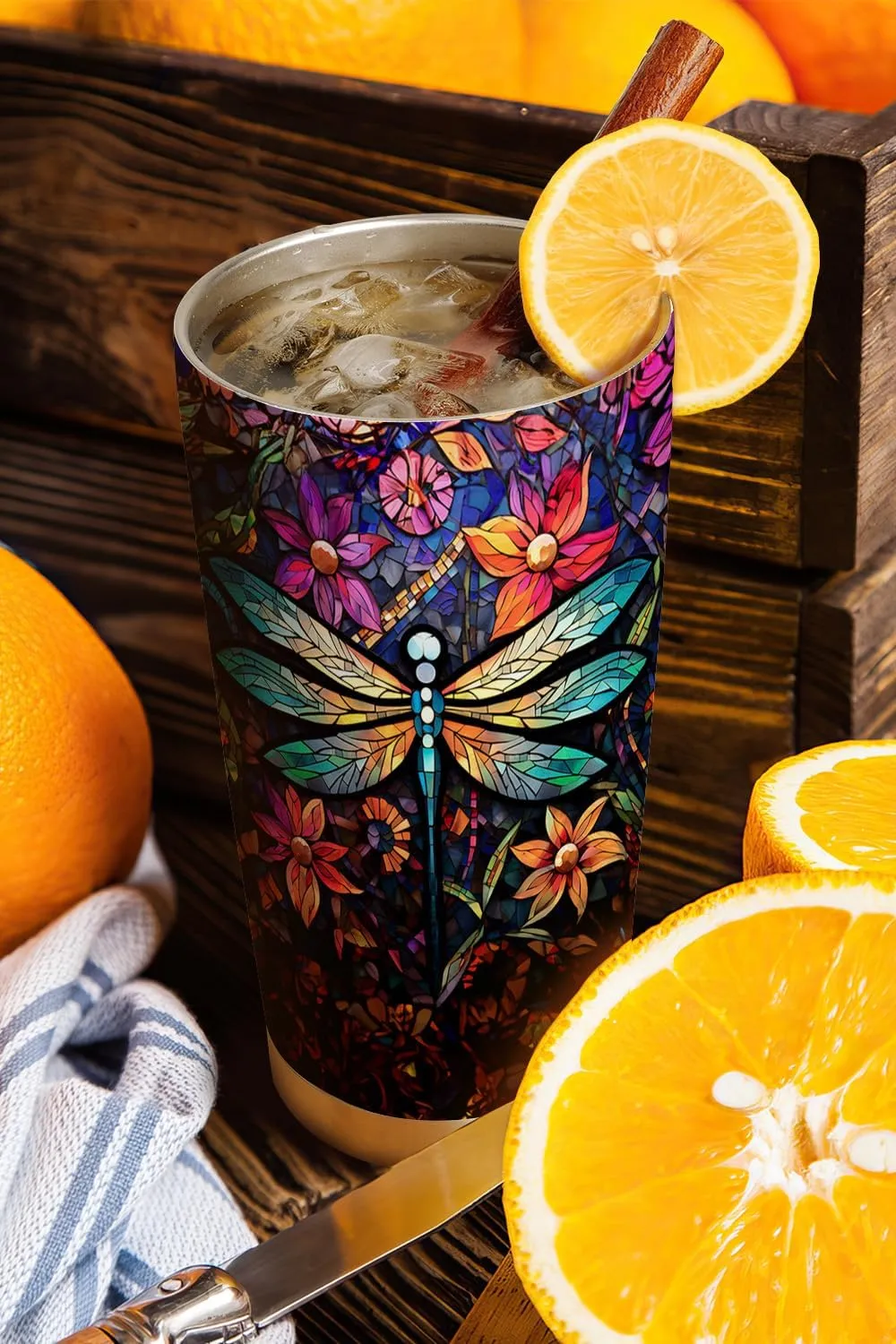 20oz Colorful Stained Glass Mosaic Crystal Dragonfly Tumbler, Gifts for Dragonfly Lovers, Coffee Thermos for Women, Stainless Steel Double Wall Vacuum Insulated Coffee Mug, Travel Cup with Lid - O