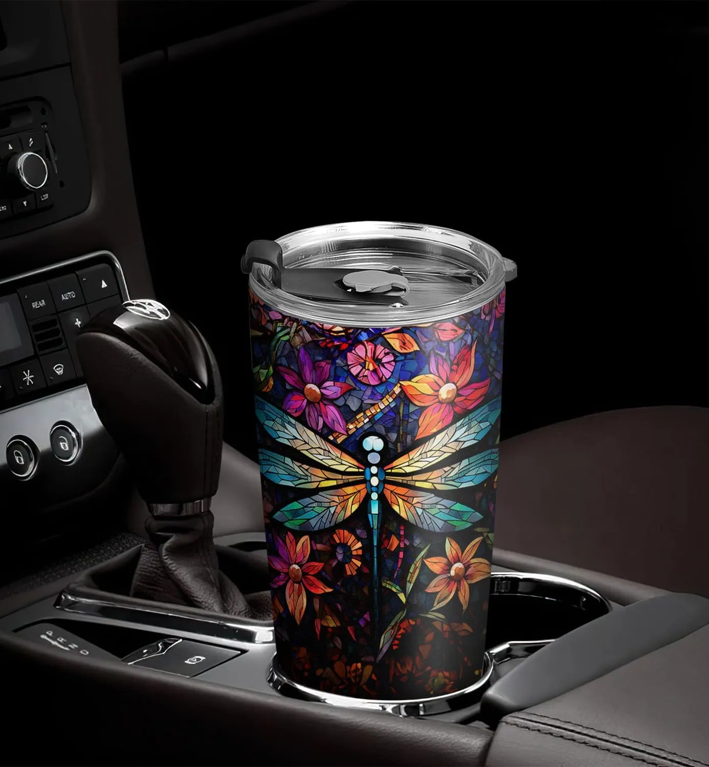 20oz Colorful Stained Glass Mosaic Crystal Dragonfly Tumbler, Gifts for Dragonfly Lovers, Coffee Thermos for Women, Stainless Steel Double Wall Vacuum Insulated Coffee Mug, Travel Cup with Lid - O