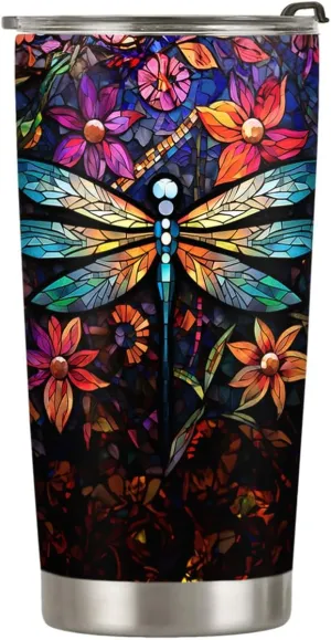 20oz Colorful Stained Glass Mosaic Crystal Dragonfly Tumbler, Gifts for Dragonfly Lovers, Coffee Thermos for Women, Stainless Steel Double Wall Vacuum Insulated Coffee Mug, Travel Cup with Lid - O