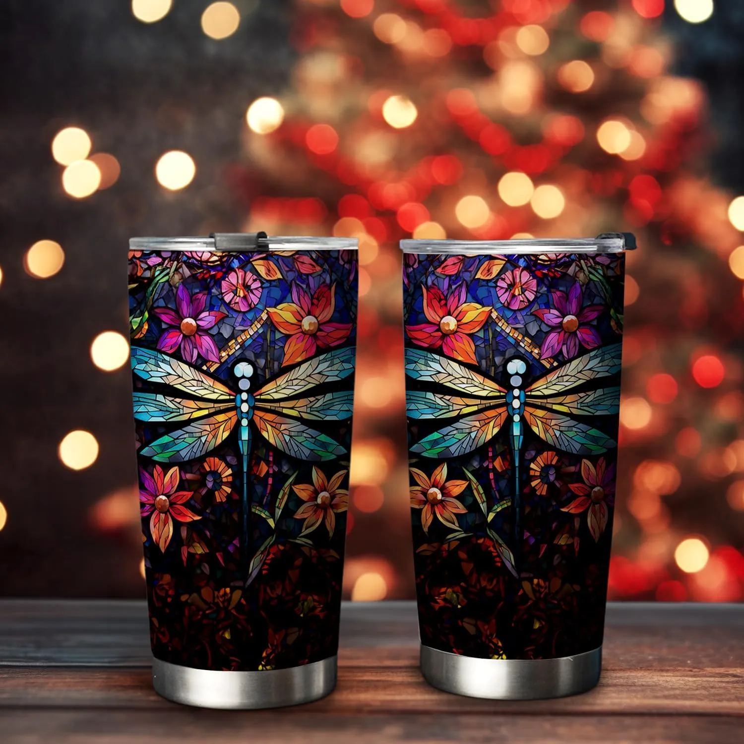 20oz Colorful Stained Glass Mosaic Crystal Dragonfly Tumbler, Gifts for Dragonfly Lovers, Coffee Thermos for Women, Stainless Steel Double Wall Vacuum Insulated Coffee Mug, Travel Cup with Lid - O