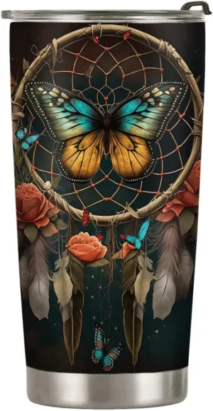 20oz Dream Catcher Butterfly Tumbler Cup, Insulated Travel Cup with Lid, Coffee Thermos for Women, Gifts for Women, Birthday Gifts for Mom, Daughter, Sister, Friends, Girlfriends, Coworker