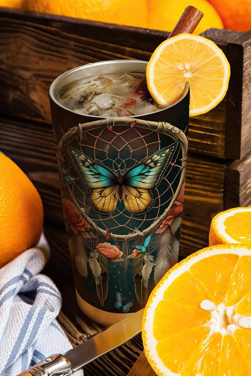 20oz Dream Catcher Butterfly Tumbler Cup, Insulated Travel Cup with Lid, Coffee Thermos for Women, Gifts for Women, Birthday Gifts for Mom, Daughter, Sister, Friends, Girlfriends, Coworker