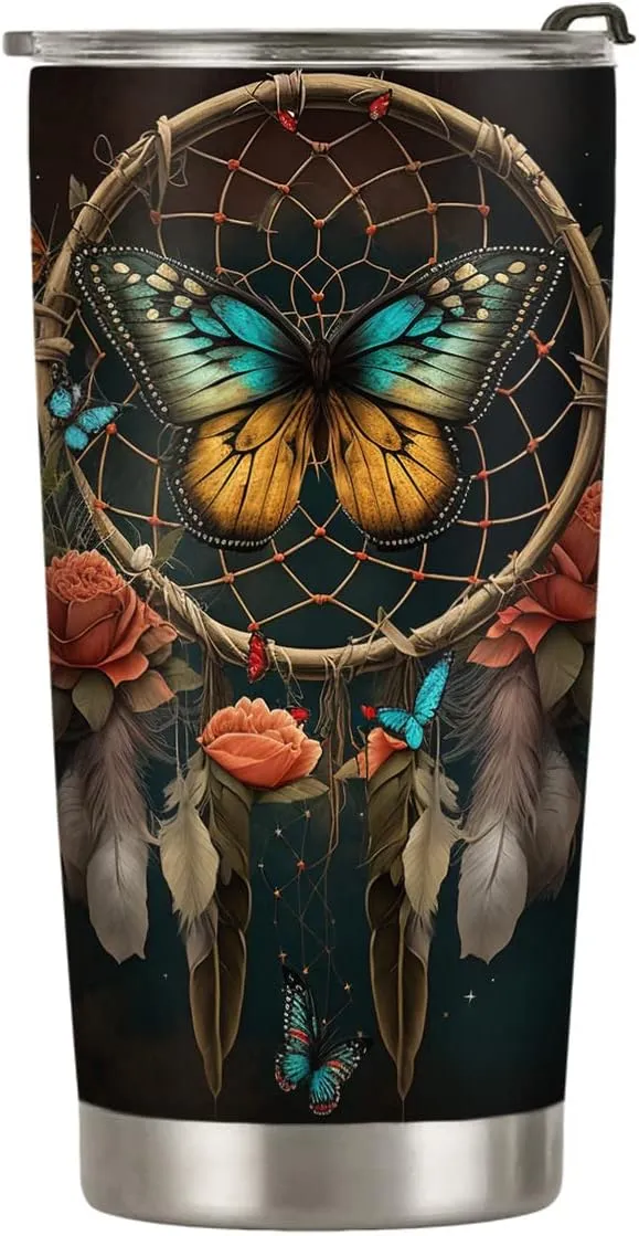 20oz Dream Catcher Butterfly Tumbler Cup, Insulated Travel Cup with Lid, Coffee Thermos for Women, Gifts for Women, Birthday Gifts for Mom, Daughter, Sister, Friends, Girlfriends, Coworker