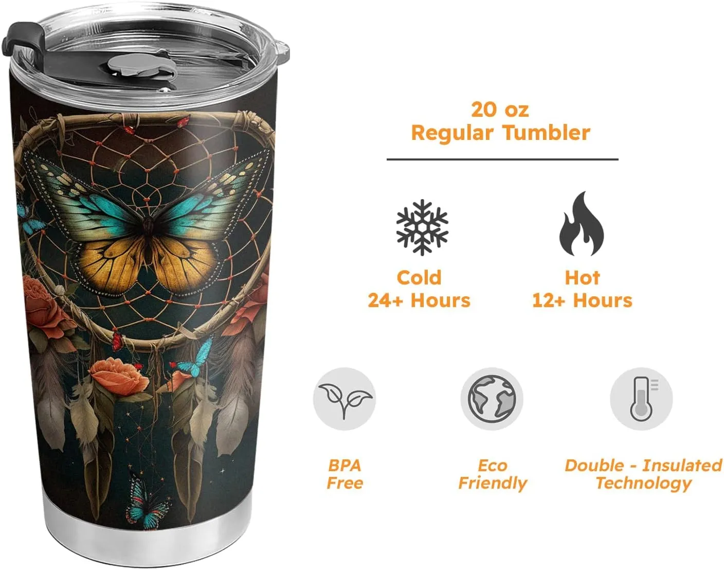 20oz Dream Catcher Butterfly Tumbler Cup, Insulated Travel Cup with Lid, Coffee Thermos for Women, Gifts for Women, Birthday Gifts for Mom, Daughter, Sister, Friends, Girlfriends, Coworker