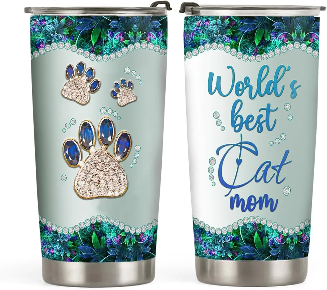 20oz Green Jade Jewelry Cat Mom Tumbler, World's Best Cat Mom Gifts for Cats Lovers, Coffee Thermos for Women, Stainless Steel Double Wall Vacuum Insulated Coffee Mug, Travel Cup with Lid