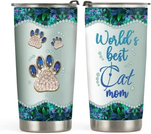 20oz Green Jade Jewelry Cat Mom Tumbler, World's Best Cat Mom Gifts for Cats Lovers, Coffee Thermos for Women, Stainless Steel Double Wall Vacuum Insulated Coffee Mug, Travel Cup with Lid