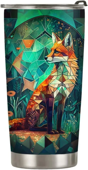 20oz Green Jade Stained Glass Crystal Mosaic Fox Tumbler, Gifts for Fox Lovers, Coffee Thermos for Women, Stainless Steel Double Wall Vacuum Insulated Coffee Mug, Travel Cup with Lid