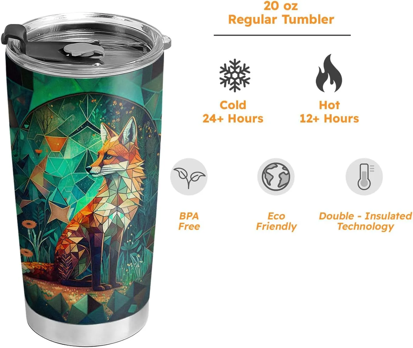 20oz Green Jade Stained Glass Crystal Mosaic Fox Tumbler, Gifts for Fox Lovers, Coffee Thermos for Women, Stainless Steel Double Wall Vacuum Insulated Coffee Mug, Travel Cup with Lid
