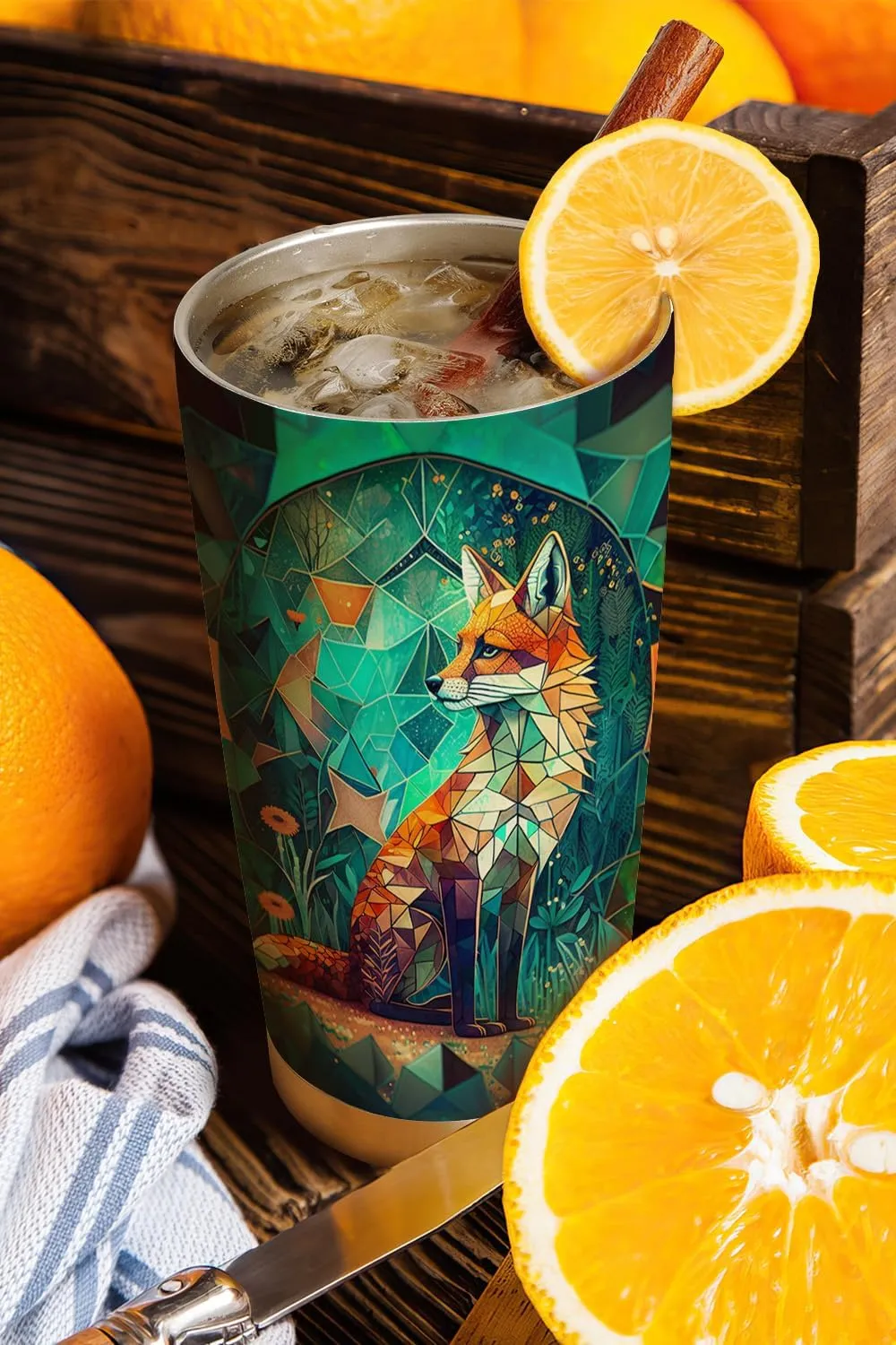 20oz Green Jade Stained Glass Crystal Mosaic Fox Tumbler, Gifts for Fox Lovers, Coffee Thermos for Women, Stainless Steel Double Wall Vacuum Insulated Coffee Mug, Travel Cup with Lid