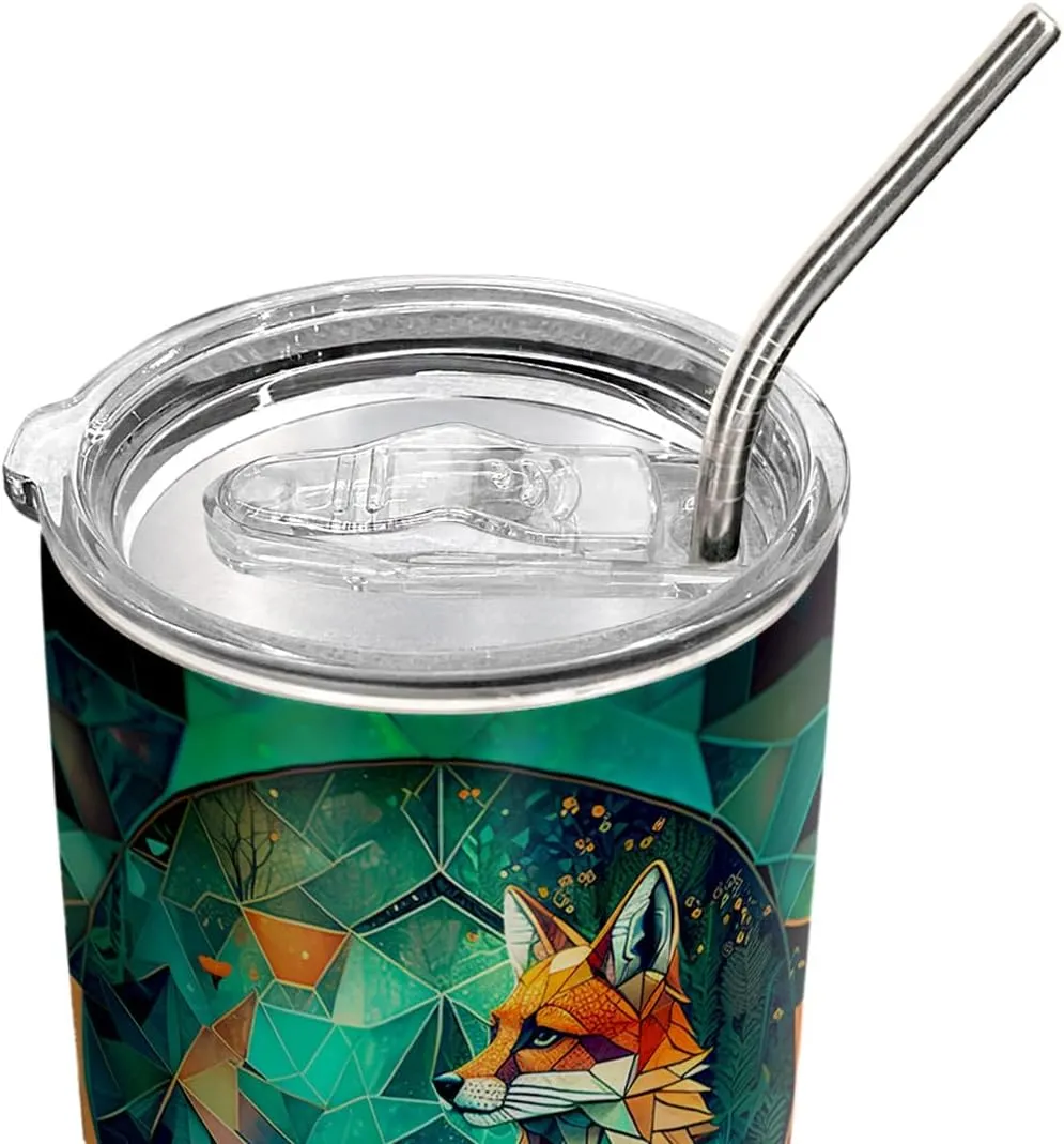 20oz Green Jade Stained Glass Crystal Mosaic Fox Tumbler, Gifts for Fox Lovers, Coffee Thermos for Women, Stainless Steel Double Wall Vacuum Insulated Coffee Mug, Travel Cup with Lid