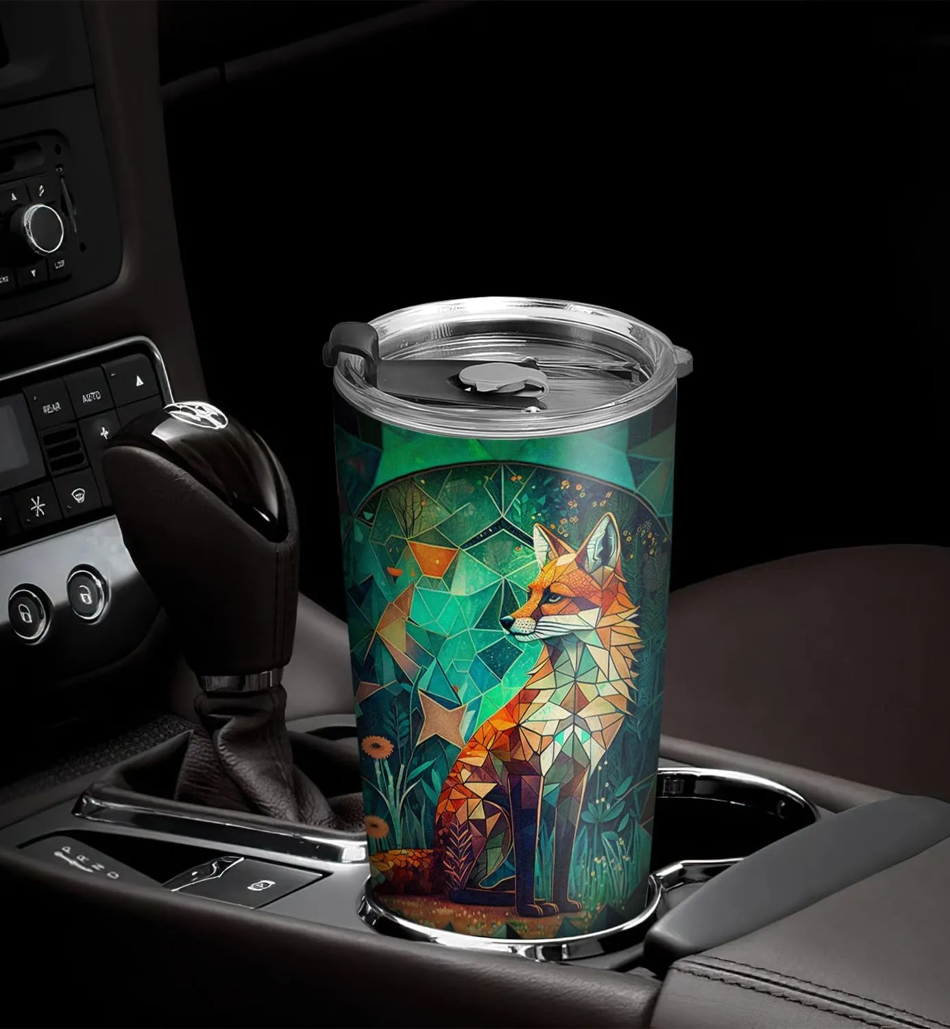 20oz Green Jade Stained Glass Crystal Mosaic Fox Tumbler, Gifts for Fox Lovers, Coffee Thermos for Women, Stainless Steel Double Wall Vacuum Insulated Coffee Mug, Travel Cup with Lid