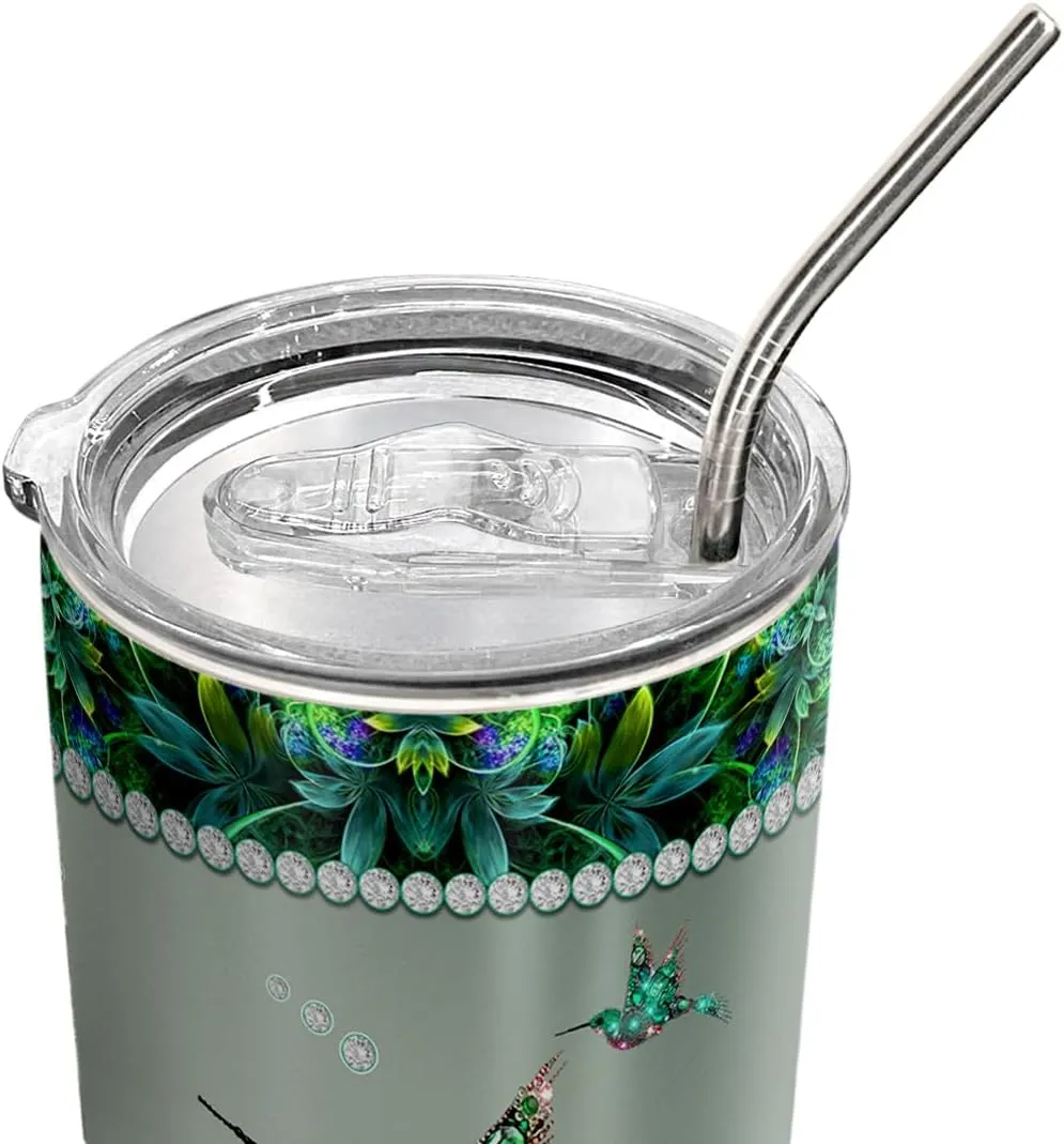 20oz Green Jewelry Hummingbird Tumbler, Gifts for Hummingbird Lovers, Coffee Thermos for Women, Stainless Steel Double Wall Vacuum Insulated Coffee Mug, Travel Cup with Lid