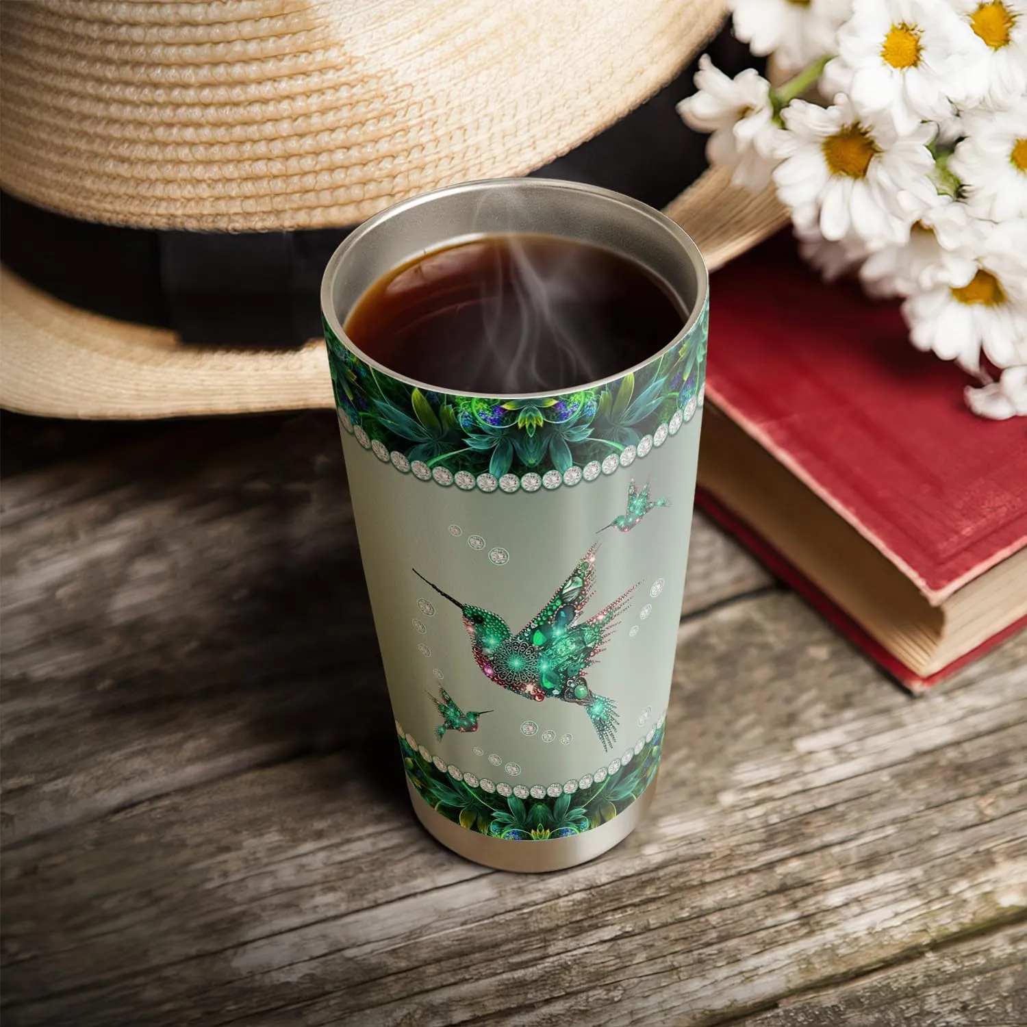 20oz Green Jewelry Hummingbird Tumbler, Gifts for Hummingbird Lovers, Coffee Thermos for Women, Stainless Steel Double Wall Vacuum Insulated Coffee Mug, Travel Cup with Lid