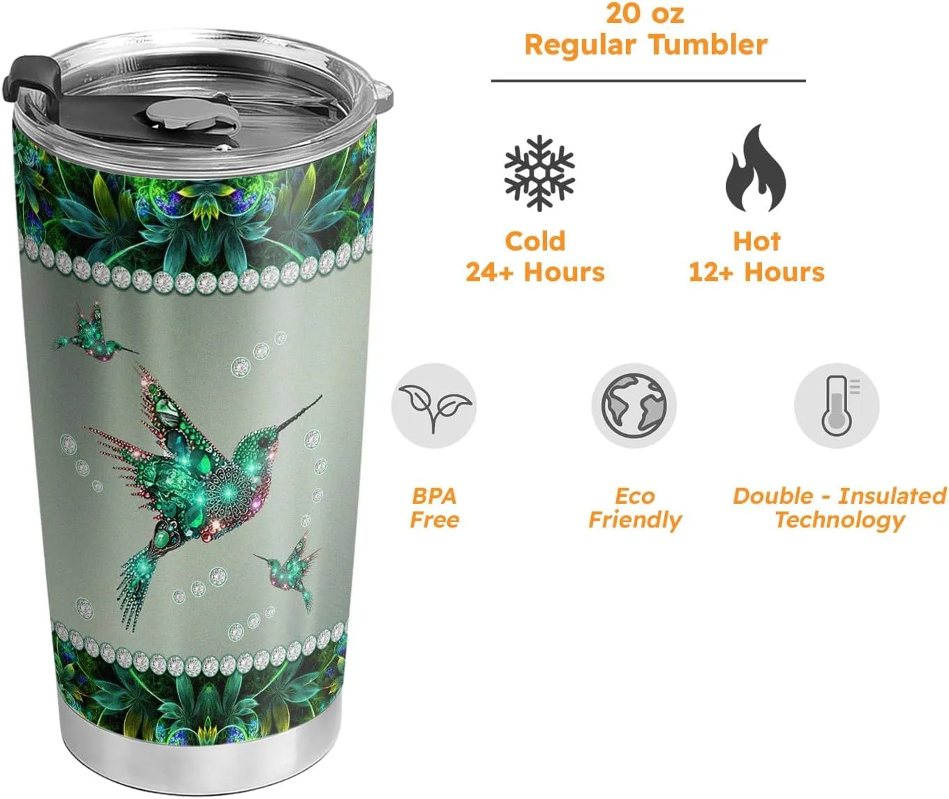 20oz Green Jewelry Hummingbird Tumbler, Gifts for Hummingbird Lovers, Coffee Thermos for Women, Stainless Steel Double Wall Vacuum Insulated Coffee Mug, Travel Cup with Lid