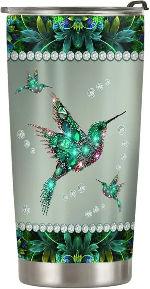 20oz Green Jewelry Hummingbird Tumbler, Gifts for Hummingbird Lovers, Coffee Thermos for Women, Stainless Steel Double Wall Vacuum Insulated Coffee Mug, Travel Cup with Lid