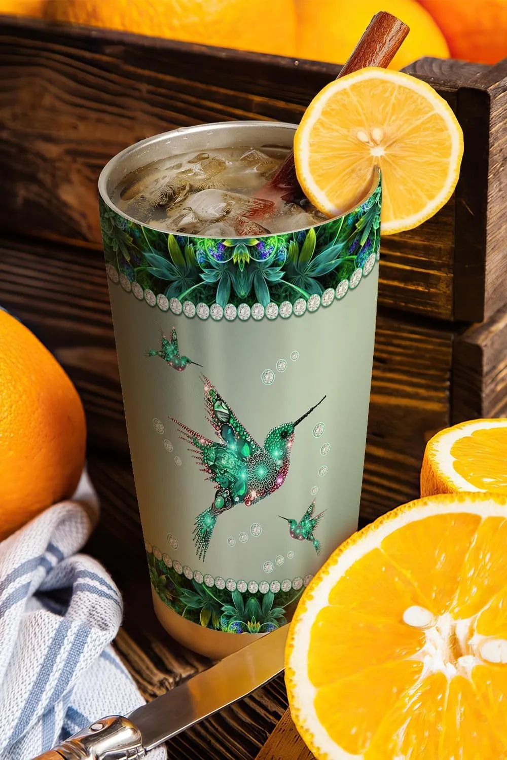 20oz Green Jewelry Hummingbird Tumbler, Gifts for Hummingbird Lovers, Coffee Thermos for Women, Stainless Steel Double Wall Vacuum Insulated Coffee Mug, Travel Cup with Lid