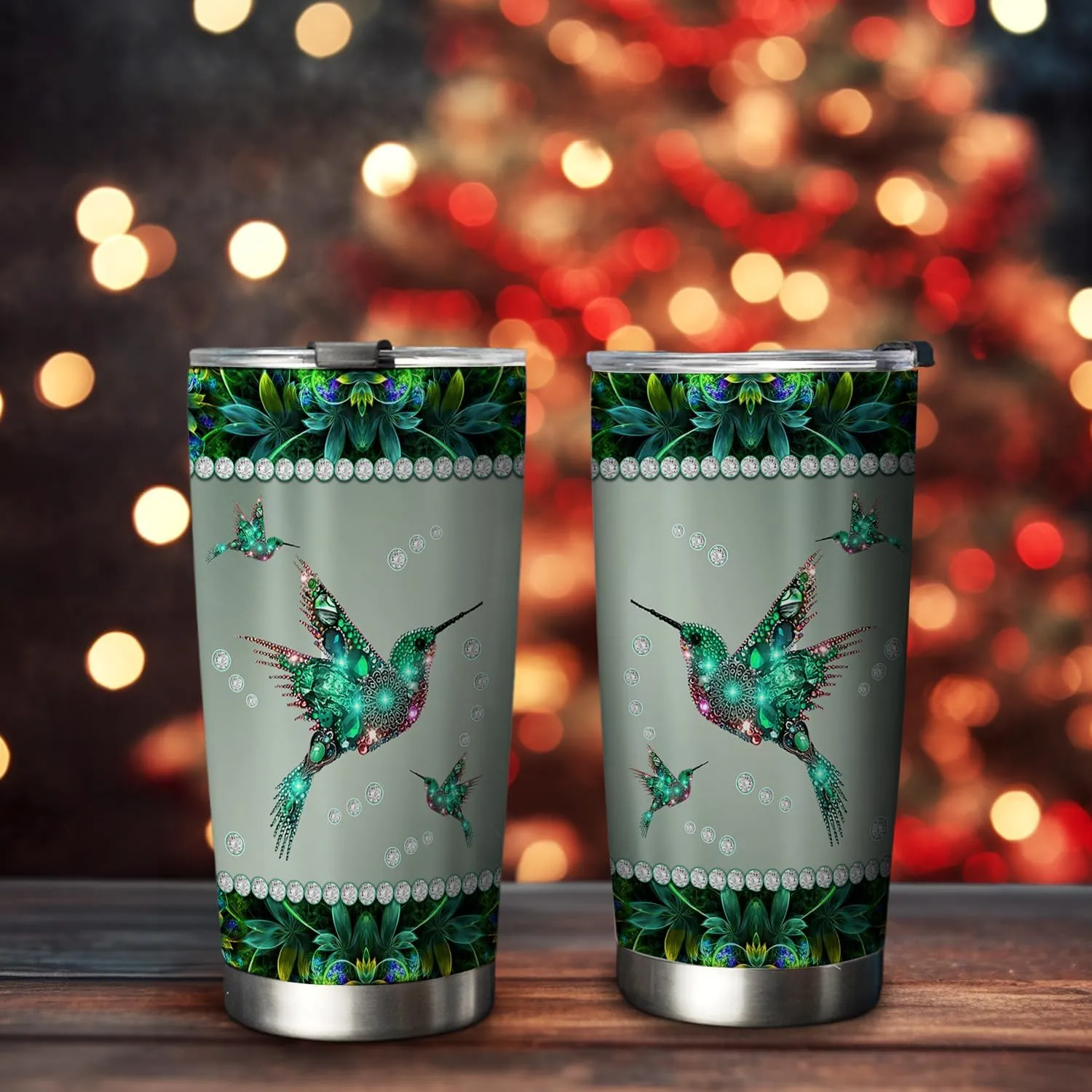 20oz Green Jewelry Hummingbird Tumbler, Gifts for Hummingbird Lovers, Coffee Thermos for Women, Stainless Steel Double Wall Vacuum Insulated Coffee Mug, Travel Cup with Lid