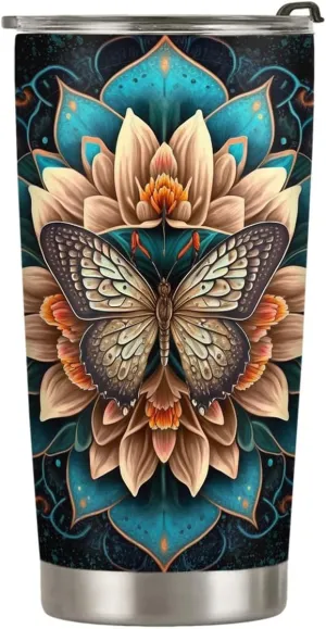 20oz Mandata Retro Butterfly Tumbler Cup, Insulated Travel Cup with Lid, Coffee Thermos for Women, Gifts for Women, Birthday Gifts for Mom, Daughter, Sister, Friends, Girlfriends, Coworker