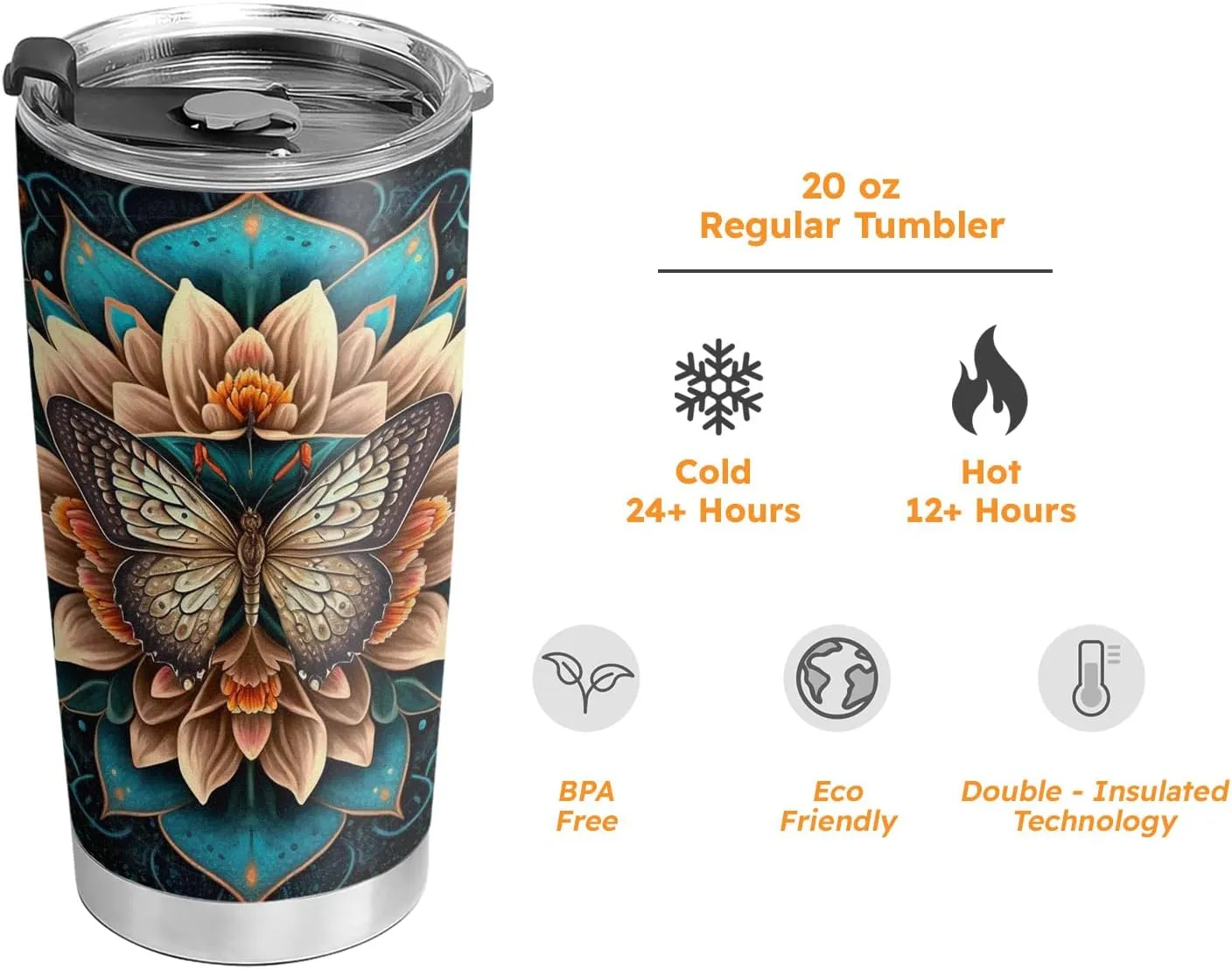20oz Mandata Retro Butterfly Tumbler Cup, Insulated Travel Cup with Lid, Coffee Thermos for Women, Gifts for Women, Birthday Gifts for Mom, Daughter, Sister, Friends, Girlfriends, Coworker