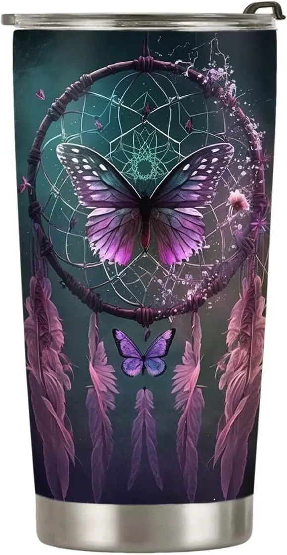 20oz Purple Dreamcatcher Butterfly Tumbler Cup, Insulated Travel Cup with Lid, Coffee Thermos for Women, Gifts for Women, Birthday Gifts for Mom, Daughter, Sister, Friends, Girlfriends, Coworker