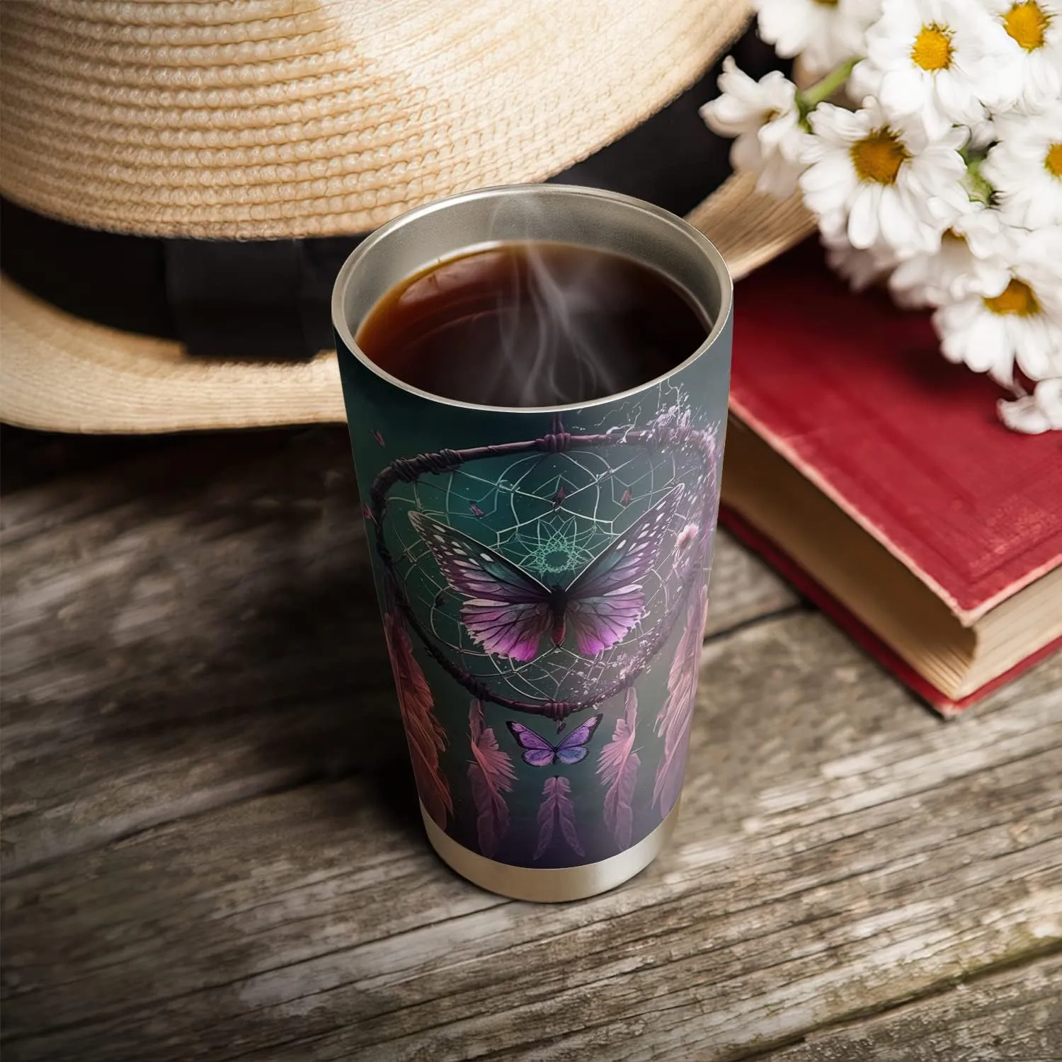 20oz Purple Dreamcatcher Butterfly Tumbler Cup, Insulated Travel Cup with Lid, Coffee Thermos for Women, Gifts for Women, Birthday Gifts for Mom, Daughter, Sister, Friends, Girlfriends, Coworker